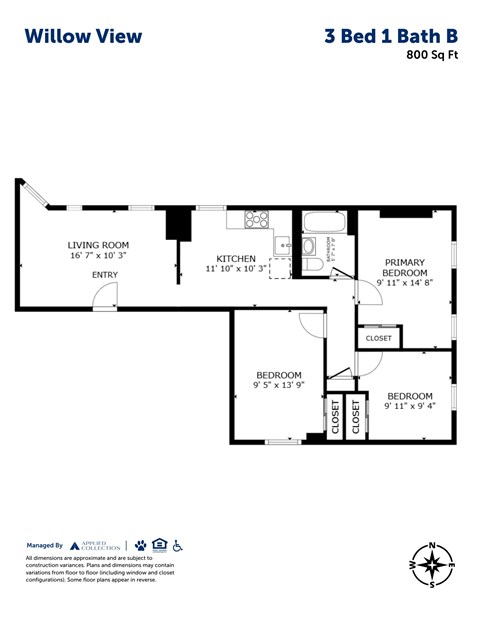 Floor plan for 3 beds, 1 bath, 800 sqft
